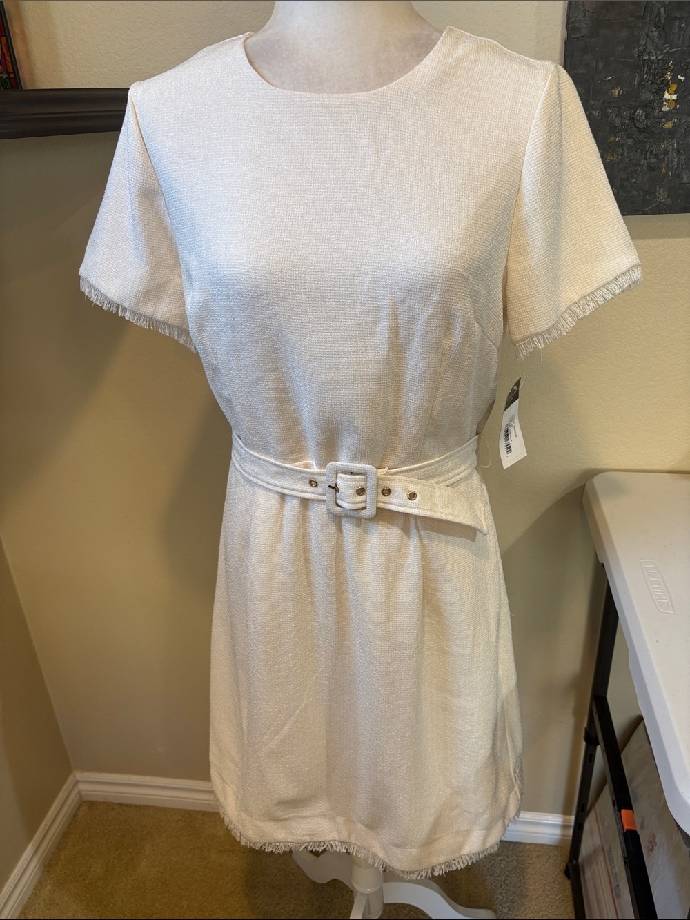 Tahari ASL Cream Short-Sleeve Belted Midi Dress with Fringe and Pockets -Size 10